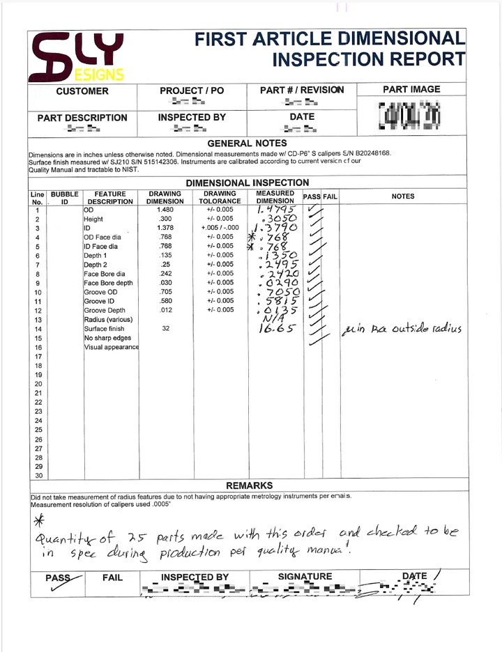 Completed Sly Designs first article dimensional inspection report, with every measured dimension marked pass