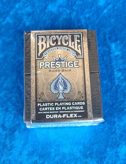 Bicycle Prestige blue plastic playing card deck, front of the box