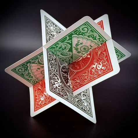 Burr 3 sculpture of three interlocking red and green playing cards