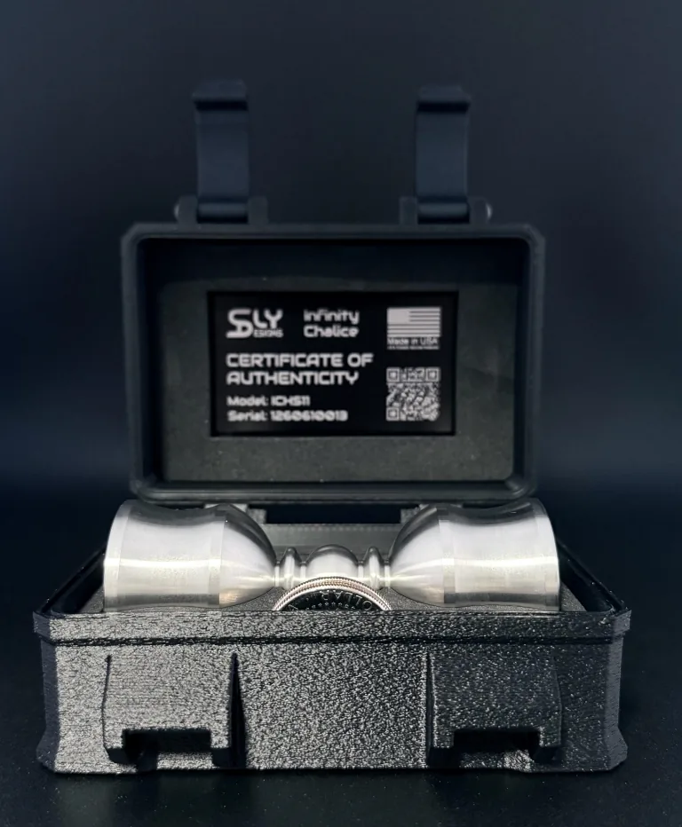 Open Luxury Infinity Chalice case showing the certificate of authenticity