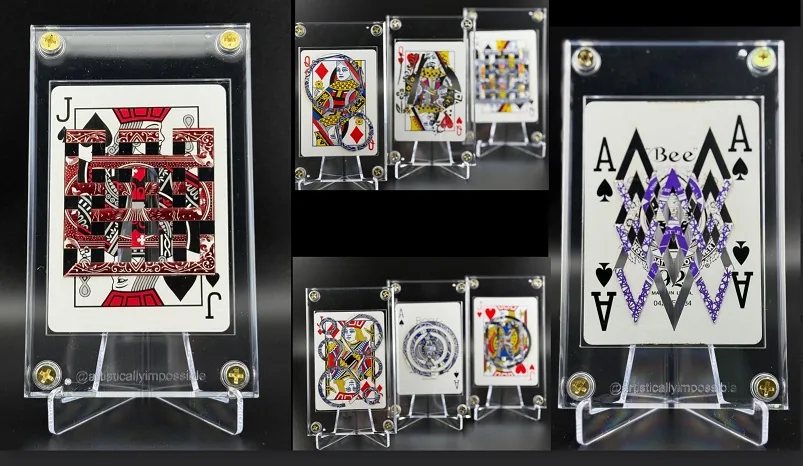 Kirigami Cards sculptures in clear acrylic display stands
